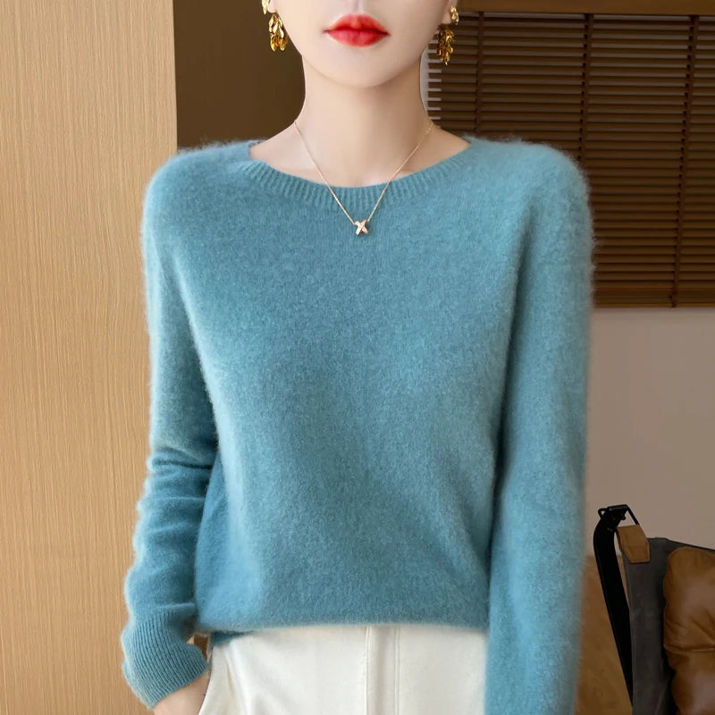 100% Merino solid color sweater ladies autumn and winter new solid color O-neck long sleeve warm fashion loose knit sweater - Image 2