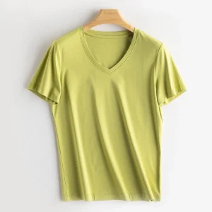 SuyaDream Women Solid T shirts, Silk Cotton Blend, O Neck, Short Sleeved Solid Tee,2025 Summer Candy Colors Basic Cozy Top Green