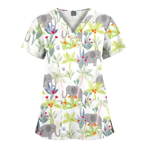 Wholesale Polyester Spandex Uniforms Beautiful Hospital Scrubs Tops Women Nurse Printed Scrub Top Healthcare Nursing Scrub Shirt