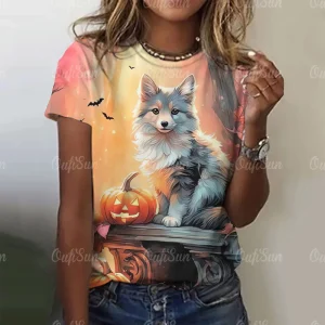 New T-shirt For Women Wolf Print Tees O Neck Loose Short Sleeve Blouse Female Fashion Animal Graphic Tops Harajuku Streetwear