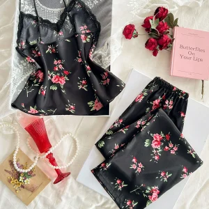 Women 2 Piece Set Elegant And Romantic Printed V Neck Lace Top And Pants Comfortable And Breathable Women's Clothing