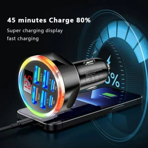 UYUXIO Dual PD USB C Car Charger Adapter 6 in 1 with Voltage Display Colorful Iight QC 4.0 PPS Super Fast Charge with Volt Meter