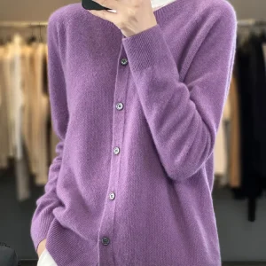 Fashion Women 100% Merino Wool Cardigans Cashmere Sweater Autumn Winter O-neck Long Sleeve Knitwear Female Basic Clothing Tops