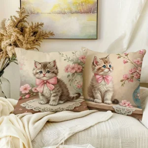 Adorable Kitten-Printed Pillowcases with Pink Bows and Floral Patterns Sofa cushion cover home room decoration 2D flat printing