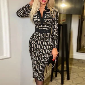 Women's Sexy Geometric Pattern V-Neck Midi Pencil Dress with Belt, Long Sleeve Knit Bodycon Dress, Suitable for All Seasons