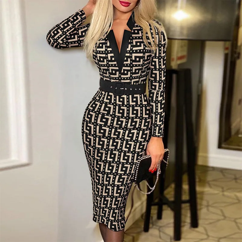 Women's Sexy Geometric Pattern V-Neck Midi Pencil Dress with Belt, Long Sleeve Knit Bodycon Dress, Suitable for All Seasons - Image 7