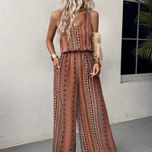 Women's Striped Print Jumpsuit - Sleeveless Romper with Elastic Waist, Summer Casual Wide Leg Pantsuit