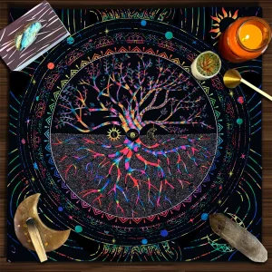 Mysterious Green Tree of Life Tarot Card Tablecloth Wicca Altar Cloth Fantastic Life Tree Tablecloth for Tarot Oracle Card Pad