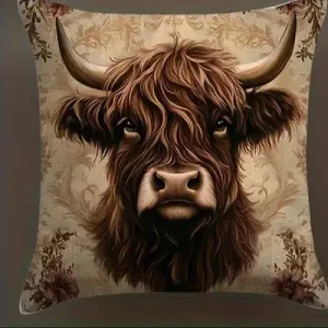 Home Decor Highland Cows With Floral Pattern Pillow Covers Pattern Cushion Cover Suitable For Sofa Bedroom Car Pillow Cover