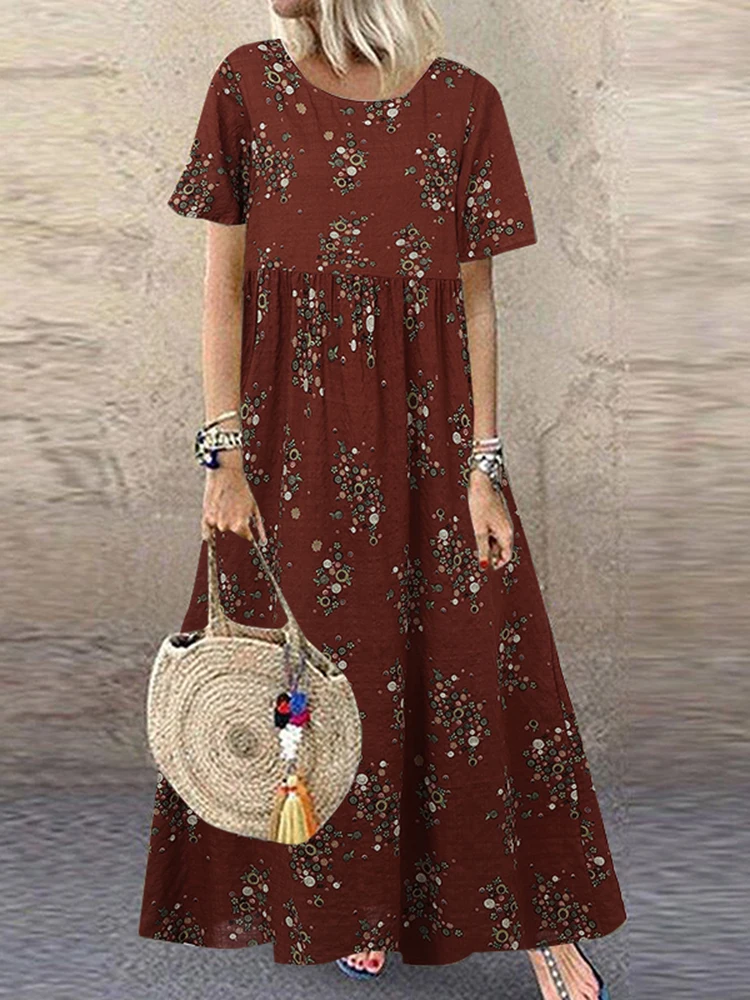 Vintage Printed Maxi Dress Women's Summer Sundress ZANZEA 2025 Casual Short Sleeve Holiday Floral Vestidos Female O Neck Robe - الصورة 7
