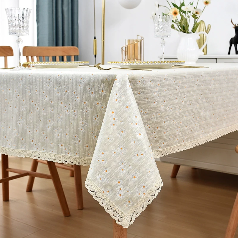 Beige Daisy Lace Tassels Cotton Tablecloth Rectangle Table Cover for Tea Table Decorations Kitchen Living Room Wedding Party Use - الصورة 2
