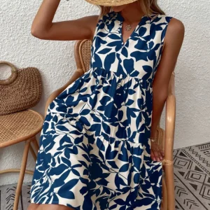 Women Boho Print Mini Dress Summer Elegant Sleeveless V Neck Ruffle A Line Tank Dress Casual Loose Oversize Beach Party Sundress