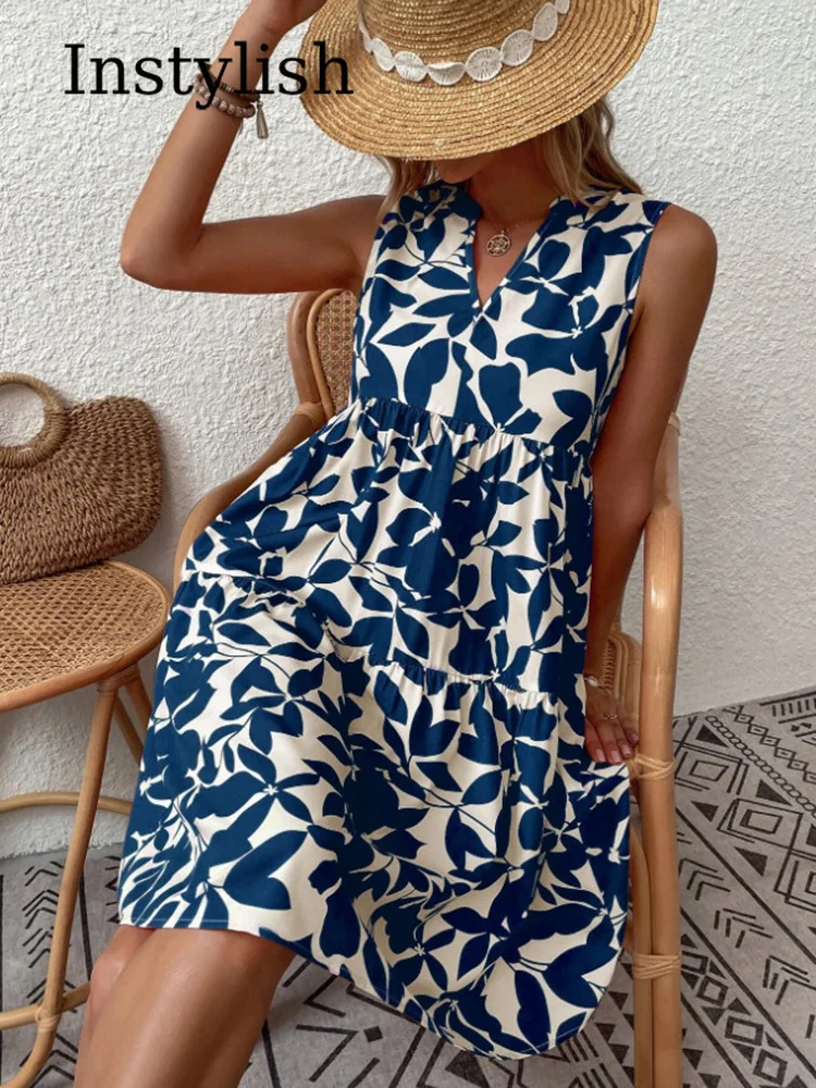 Women Boho Print Mini Dress Summer Elegant Sleeveless V Neck Ruffle A Line Tank Dress Casual Loose Oversize Beach Party Sundress - الصورة 5