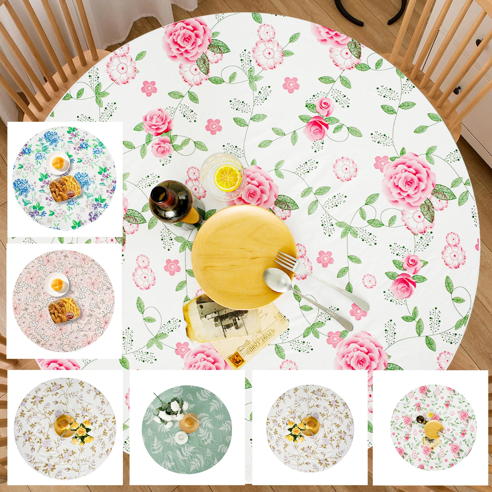 Elastic Round Table Cover Fitted Vinyl Waterproof Tablecloth Reusable Flower Dining Table Cloth For Home Table Protector Decor - Image 6