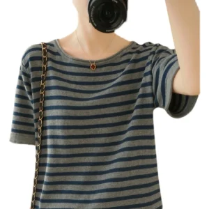 Pure Cotton Round Neck T Shirt For Women Summer Korean Style Loose Large Size Casual Short Sleeve Striped Top Base Shirt Blouse.