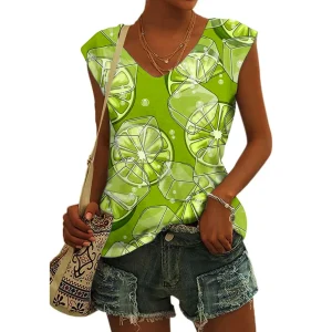 Women's Basic T-shirts Blue Flower Printed Breathable V Neck Cap Sleeves Tank Tops Vintage Summer Beach Loose Fit Tees Tops
