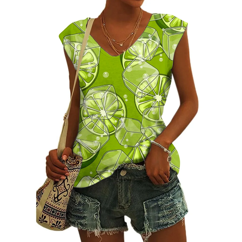 Women's Basic T-shirts Blue Flower Printed Breathable V Neck Cap Sleeves Tank Tops Vintage Summer Beach Loose Fit Tees Tops - Image 7
