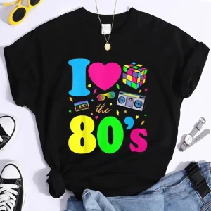 New Fashion I Love The 80s T-Shirt Womens Vintage 1980s T-Shirt Funny Classic T-Shirt Tops Women's Crew Neck Tees Female