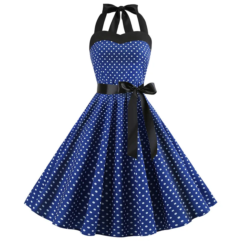 Women Polka Dot Print Summer Dress Sexy Retro White Halter Vintage Dress Robe Femme Pin Up Rockabilly Party Dress - الصورة 7