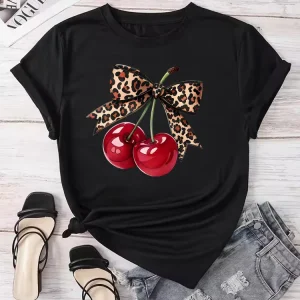 Fashion Cherry Print Women T-Shirt Short Sleeve Crew Neck Casual Tops for Summer Spring Women's Clothing Tops Tees
