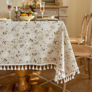Square Vintage Cotton Linen Tablecloth with Stitching Tassels Washable Fabric Table Cover for Christmas Dining Kitchen Tea Party