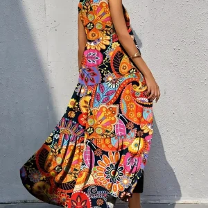 2026 Spring/Summer European & American Women's New Arrival Retro Printed Dress, V-Neck Slimming A-Line Dress for Casual