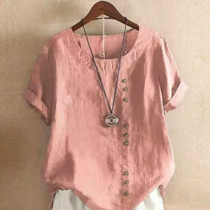 Vintage Harajuku Button T Shirt Casual Summer Short Sleeve Cotton Linen Solid Loose Blouse Elegant Oversize Tee Shirt Streetwear