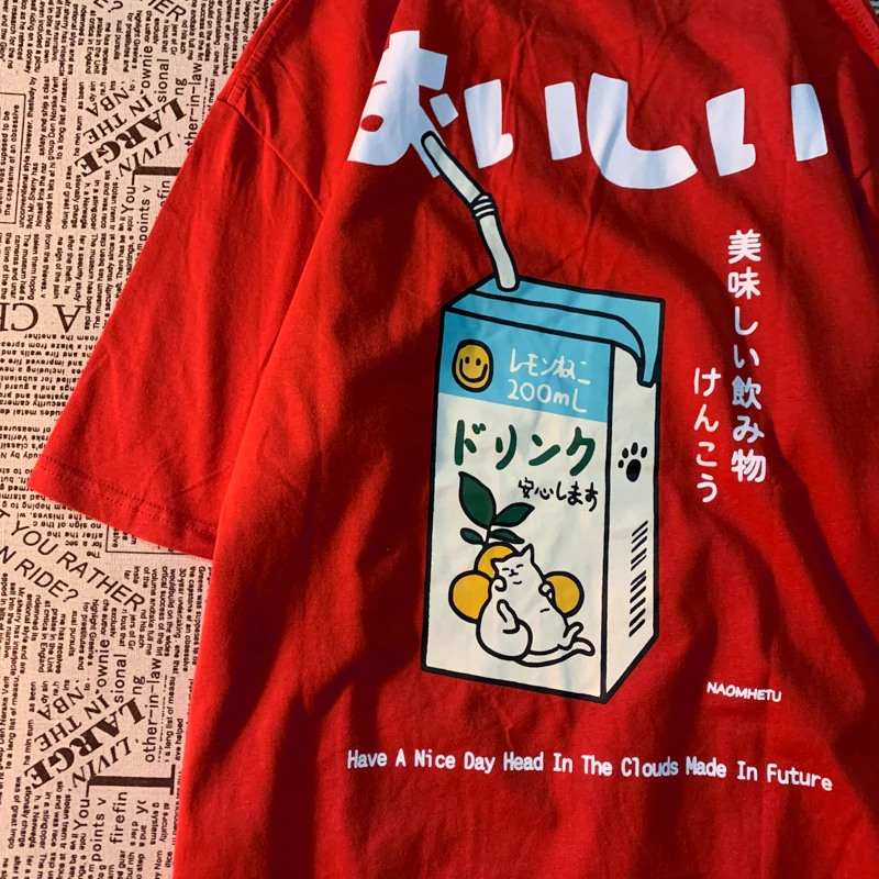 Cute Japanese Cat Print Oversized T-shirt Women Men Short Sleeve Loose Casual Tee Shirt Streetwear Tops Cotton Harajuku Clothing - الصورة 5