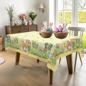 Easter Bunny Eggs Flowers Tablecloth for Table Decor Spring Tulip Daisy Floral Rectangle Dining Table Cloth Easter Decorations