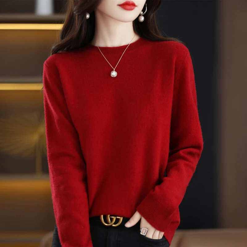 Fashion 100% Merino Wool Sweater Elegant Cashmere Pullover Women O-Neck Long Sleeve Knitwear Basic Clothing Jumper Tops - Image 8