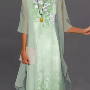 2024 Europe and the United States summer women's casual dress two-piece floral print round collar repair maxi