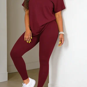 Fashion round-neck short-sleeved top paired with tight-fitting long pants - women's two-piece solid-color set
