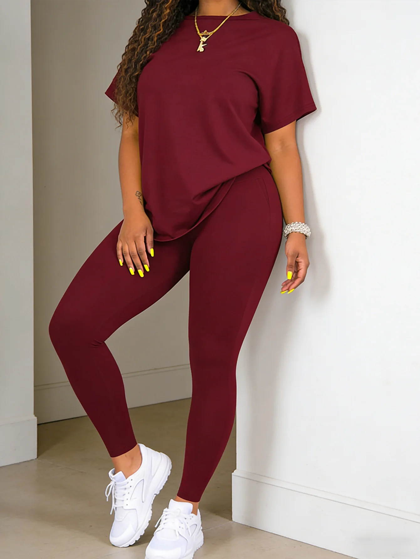Fashion round-neck short-sleeved top paired with tight-fitting long pants - women's two-piece solid-color set - Image 6