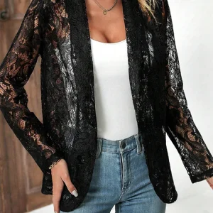 Black White Classic Lace Jacket Women's Elegant Lightweight Coat Spring Autumn Blouse