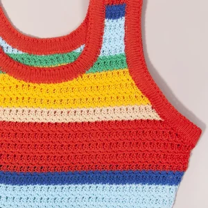 Women Panelled Striped Knitted Hollow Out Mini Dress Casual Tank Sleeveless Bodycon Hot Girl Streetwear Outfit