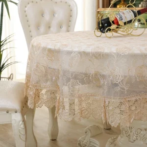 Table Cloth Beige Round Table Cover Embroidered Tablecloth Romantic Lace Europe Hollow Transparent Rose Flower Glass Yarn Cover
