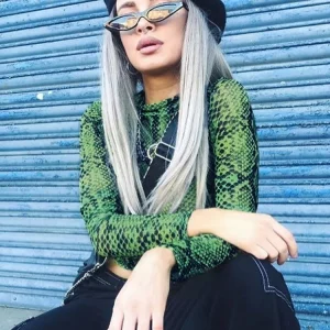 Casual Green Snake Print T Shirt Women Mesh Top Long Sleeve Transparent Snakeskin Female T-shirt High Neck Crop Tops