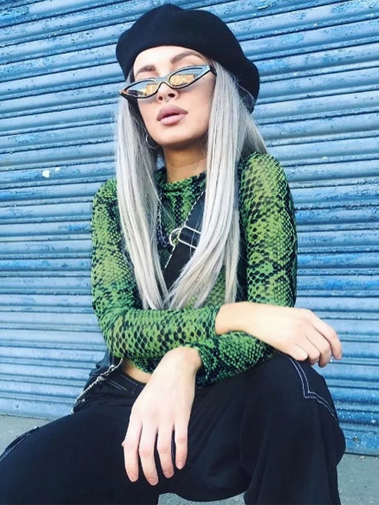 Casual Green Snake Print T Shirt Women Mesh Top Long Sleeve Transparent Snakeskin Female T-shirt High Neck Crop Tops - الصورة 2