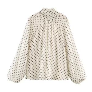 Women Polka Dot Print Blouse Casual High Collar Long Sleeve Lady Top Simple Women's Blouse Female Shirts & Blouses