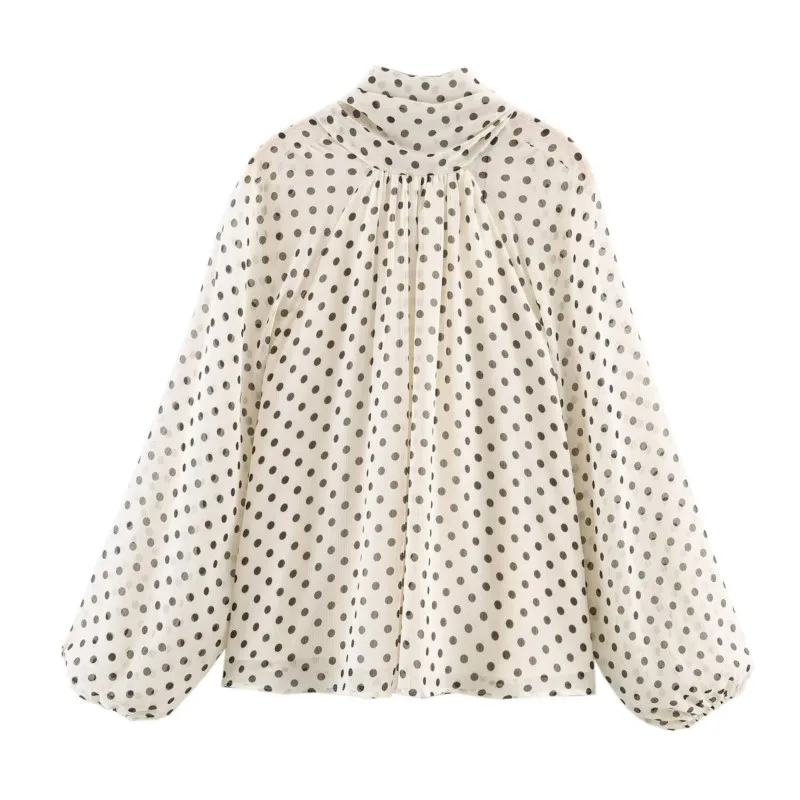 Women Polka Dot Print Blouse Casual High Collar Long Sleeve Lady Top Simple Women's Blouse Female Shirts & Blouses - Image 4
