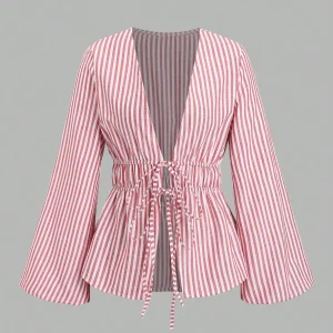 Striped Tie Bow Puff Sleeve Shirt