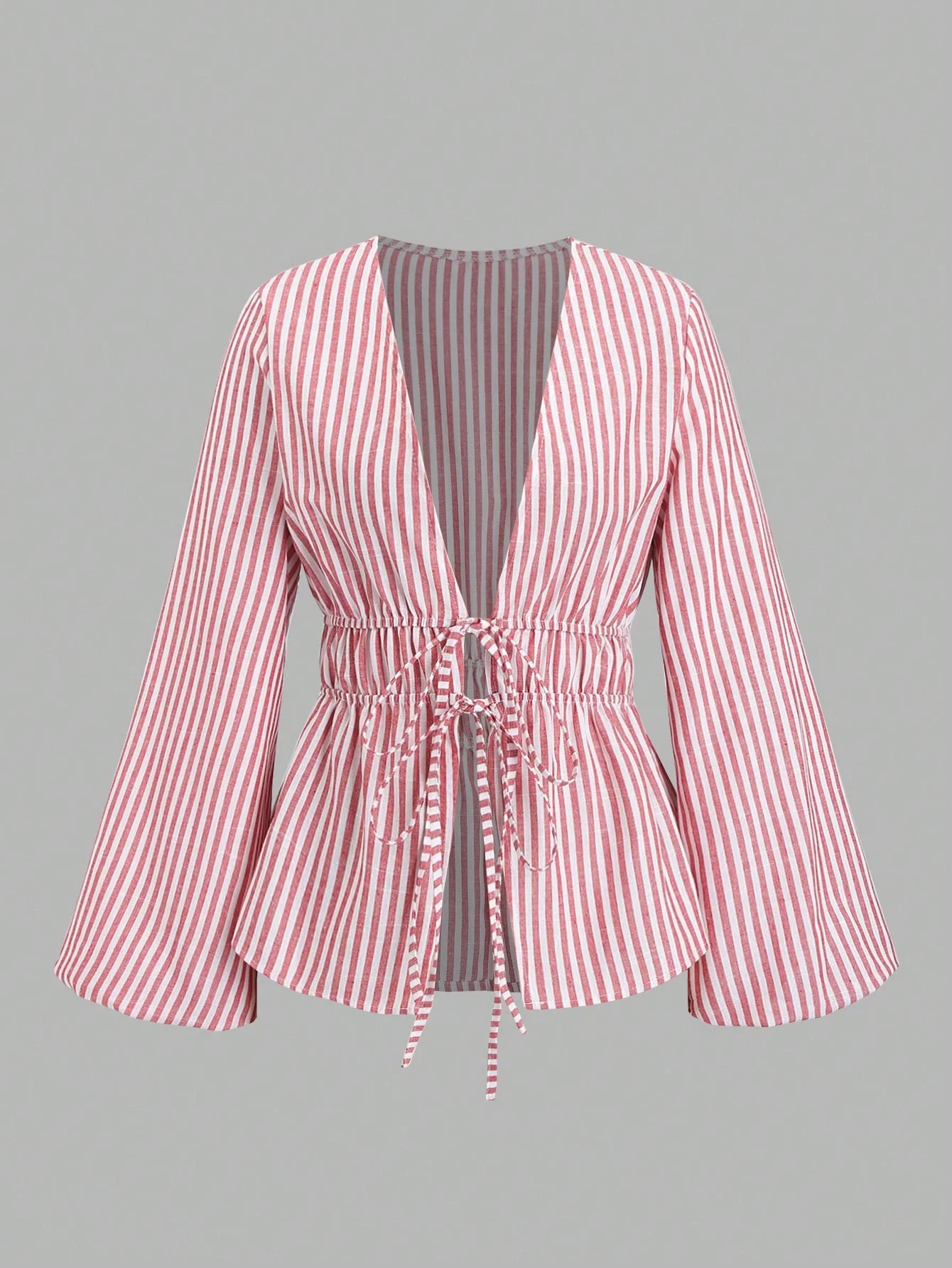 Striped Tie Bow Puff Sleeve Shirt - Image 14