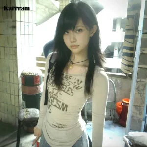 Karrram Japanese Y2k Letter Print T-shirt Trashy 2000s Style Long Sleeve Ribbed Tops Vintage Harajuku Streetwear American Retro