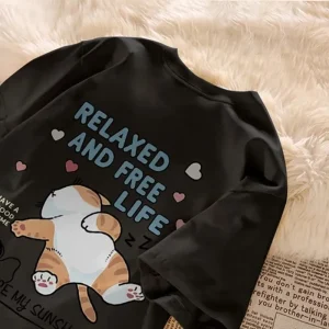 Cute Cartoon Lazy Cat Letter Print Summer Couple Short Sleeved T-shirt Loose Casual Women's Top