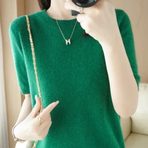 New Short-sleeved Knitwear Women O-neck T-shirt Wool Cotton Blend Pullover Vest Sprig Summer Bottoming Tops Sweater Solid Soft