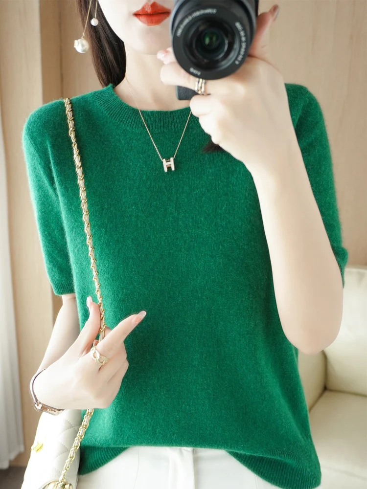 New Short-sleeved Knitwear Women O-neck T-shirt Wool Cotton Blend Pullover Vest Sprig Summer Bottoming Tops Sweater Solid Soft - Image 7