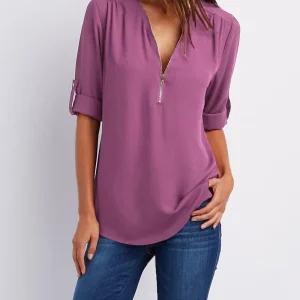2025 Hot Sale Women Cool Loose Shirt Deep V Neck Chiffon Fashion Blouse Casual Ladies Tops Sexy Zipper Pullover Plus Size