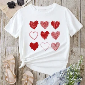 Red Heart Printed Women T-Shirts Fashion Streetwear Short Sleeve Tee Clothing Casual Soft Women Tops Valentine's Day T-shirt