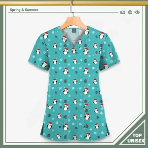 Surgical Uniform Printing Holiday Beautiful Shirt V-neck Style Pocket Design Blouse Surgical Top Woman Men Nurse Medical Uniform