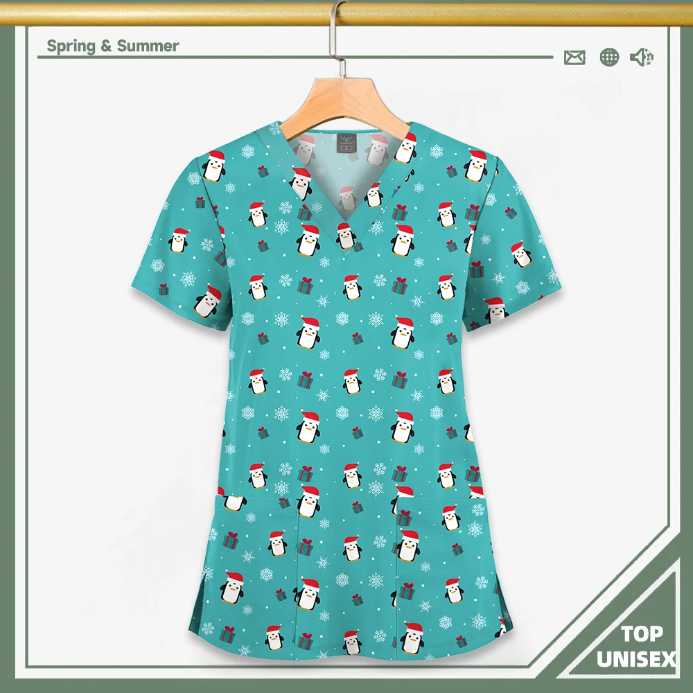 Surgical Uniform Printing Holiday Beautiful Shirt V-neck Style Pocket Design Blouse Surgical Top Woman Men Nurse Medical Uniform - الصورة 37